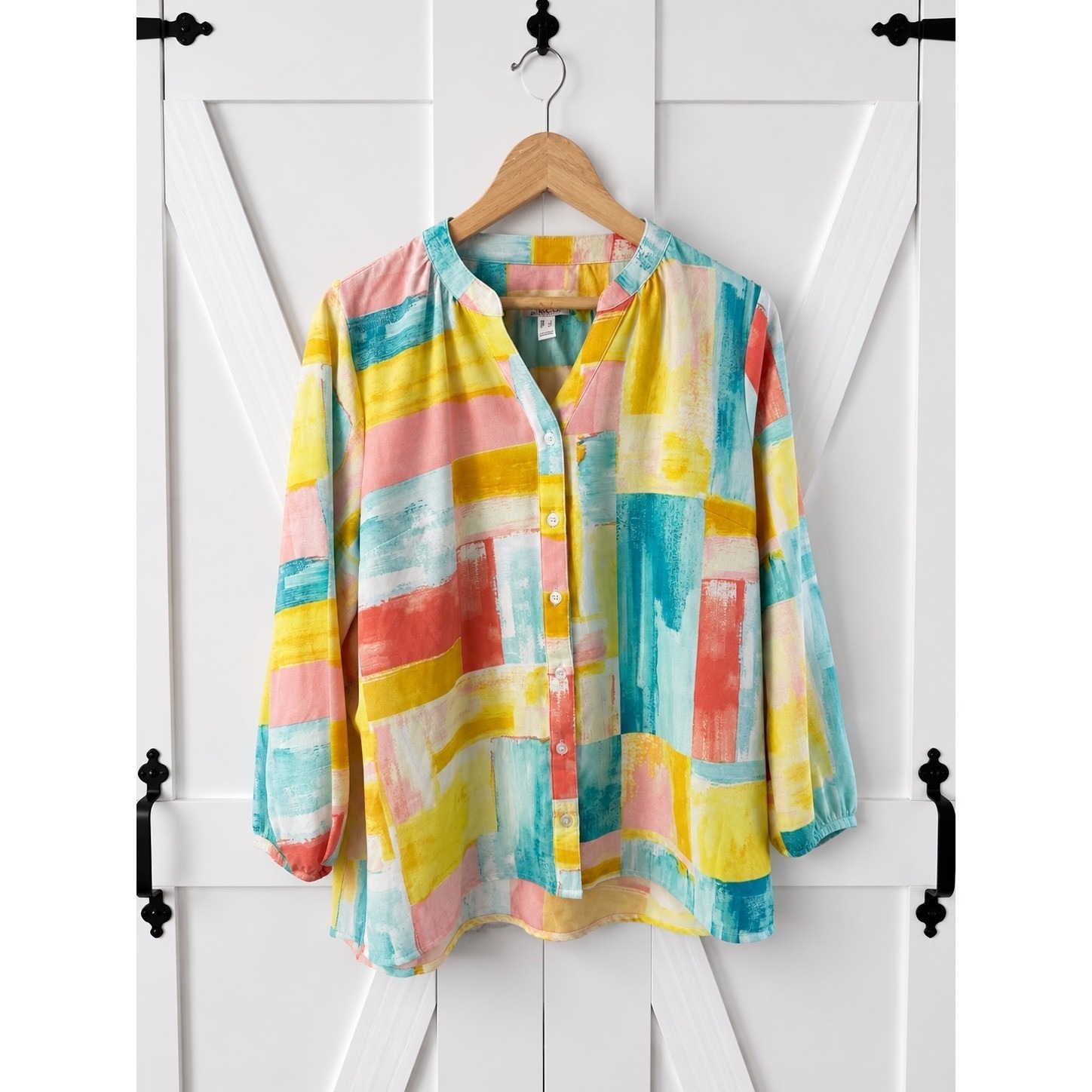 Denim & Co Y-Neck Button Front Blouse Top Size Large Multi Patchwork Abstract